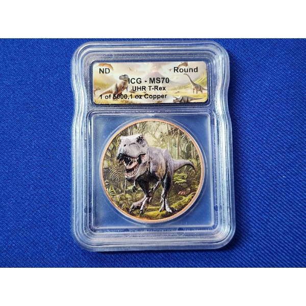 1 oz .999 Fine Copper Colorized UHR T-Rex Round - ICG MS 70 
1 of 5000