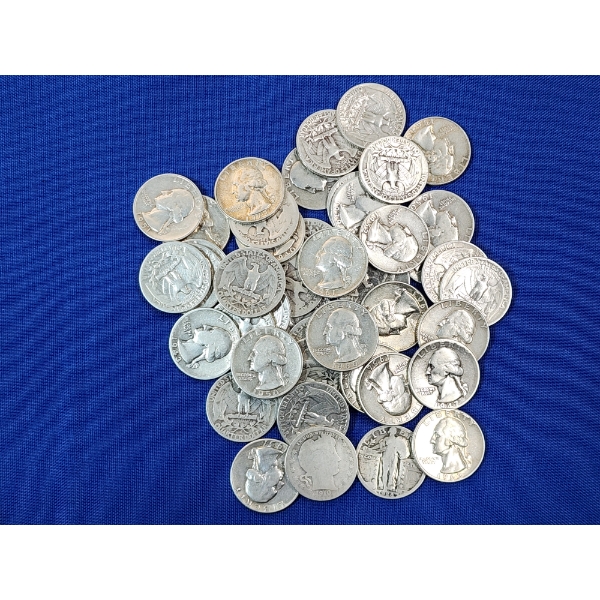 Lot of Assorted 90% Silver Quarters: Washington, Barber, Standing Liberty - Face Value: $11.75