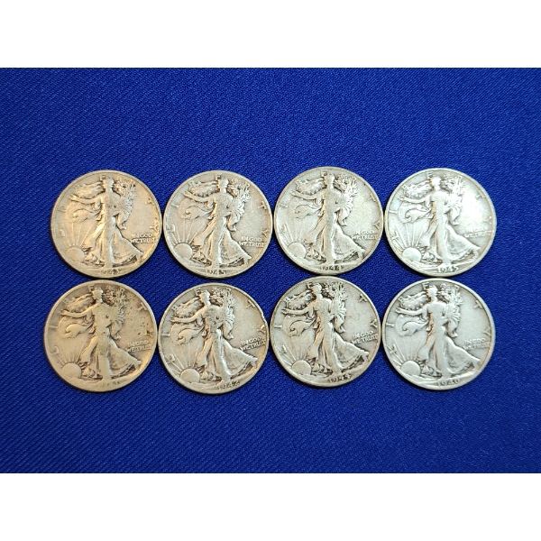 x8 Assorted Years 90% Silver Walking Liberty Half Dollars FV: $4.00
