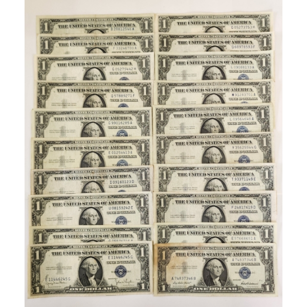 Lot of 20 United States Blue Seal $1 Silver Certificates - Face Value $20.00