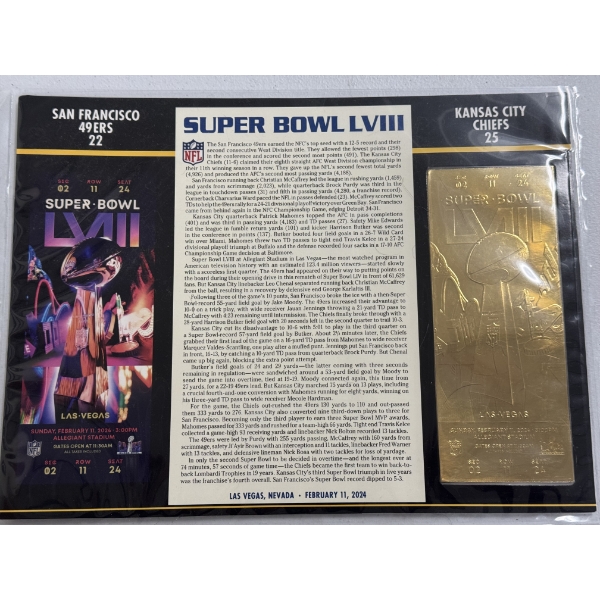 Authentic 2024 Super Bowl LVIII NFL Football Ticket & 24K Gold Plated Ticket - Mint Condition