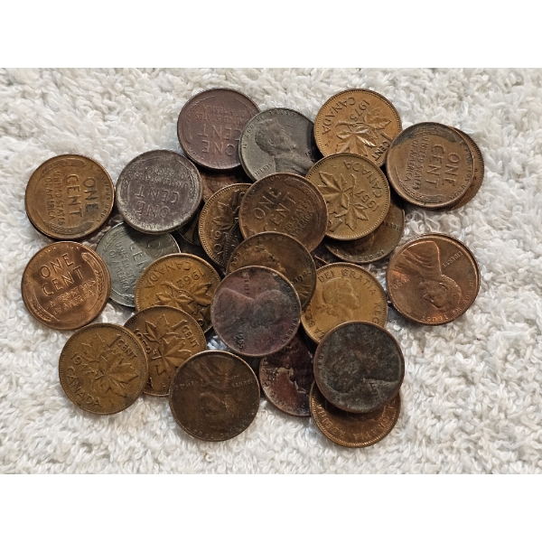 Lot of Assorted Pennies inc. Canadian, Wheat Pennies, and Steel Penny - AFV $.31