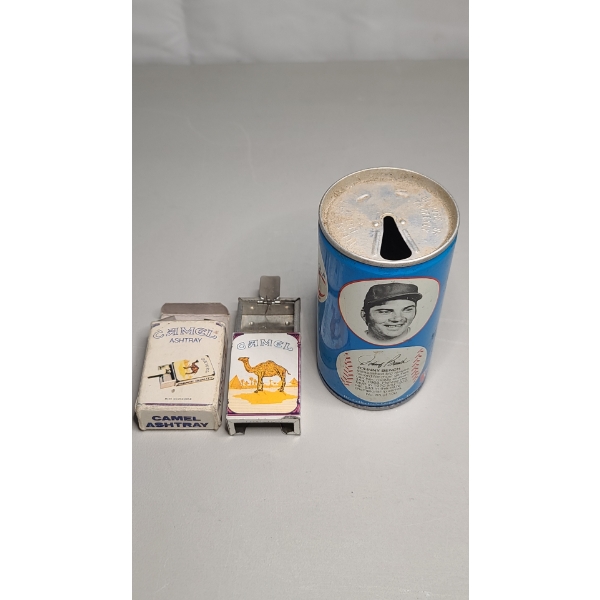Vintage Collectible Camel Cigarettes Travel Ashtray & 1978 Baseball Johnny Bench RC (EMPTY) Can