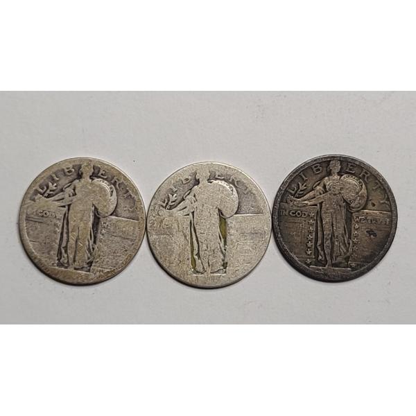 (3) United States Unknown Years Standing Liberty 90% Silver Quarters - Face Value: $0.75
