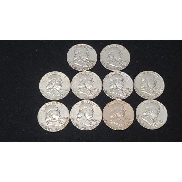 Assorted Years 90% Silver Franklin Half Dollars - Face Value: $5.00
