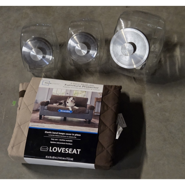 Three Piece Glass Canister Set With Metal Lids And New Furniture Covers