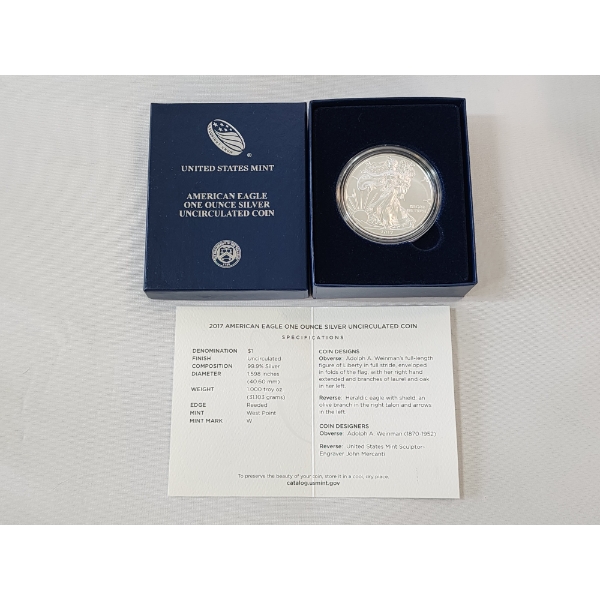 2017-W American Silver Eagle Uncirculated $1 Coin 1 oz .999 Fine Silver w/ OGP Box & COA