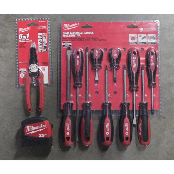 All New! Milwaukee Tape Measure, Mag Tip Screwdriver Set & Wire Stripper