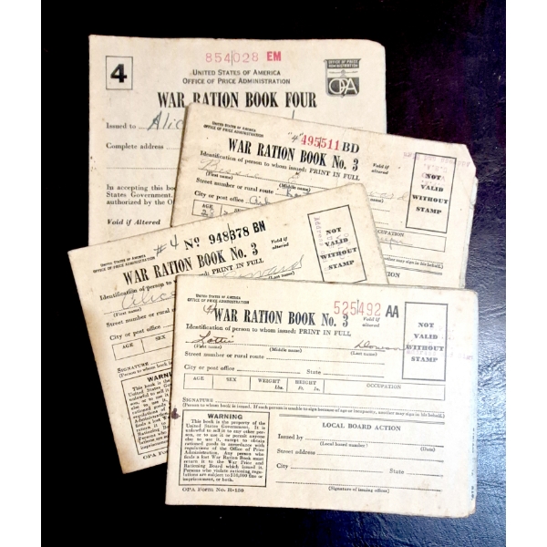 WARTIME - WWII RATION BOOKS & MORE:  6 Pcs - 4 WWII RATION BOOKS WITH STAMPS & 2 POLITICAL INVITES