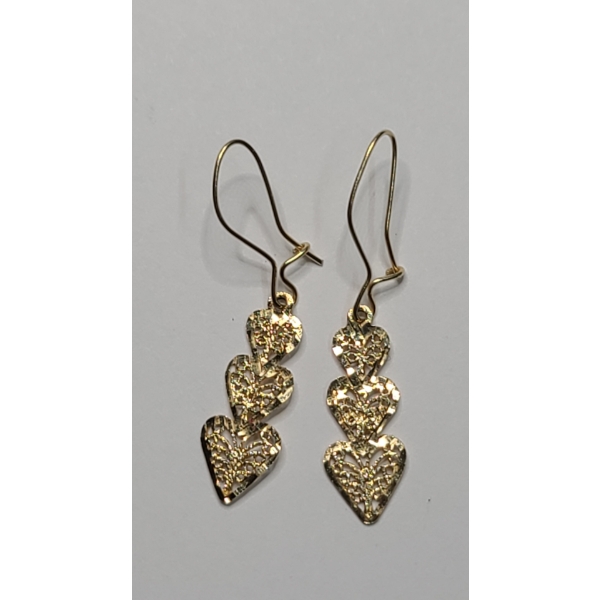 Set Of 14K Yellow Gold Filigree 3-Heart Drop Earrings - Weight: 1.7g