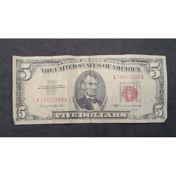 United States Series 1963 $5 Red Seal Bank Note With Granahan And Dillon Signatures - Face Value: $5