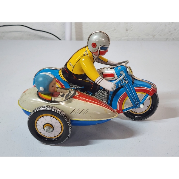 Vintage Tin Wind-Up Motorcycle and Sidecar Toy 