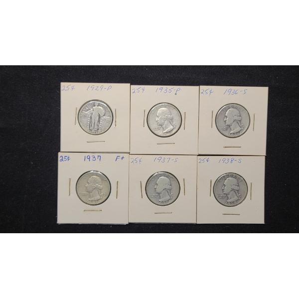 Assorted Years/Mint Marks 90% Silver Standing Liberty & Washington Quarters - Face Value: $1.50