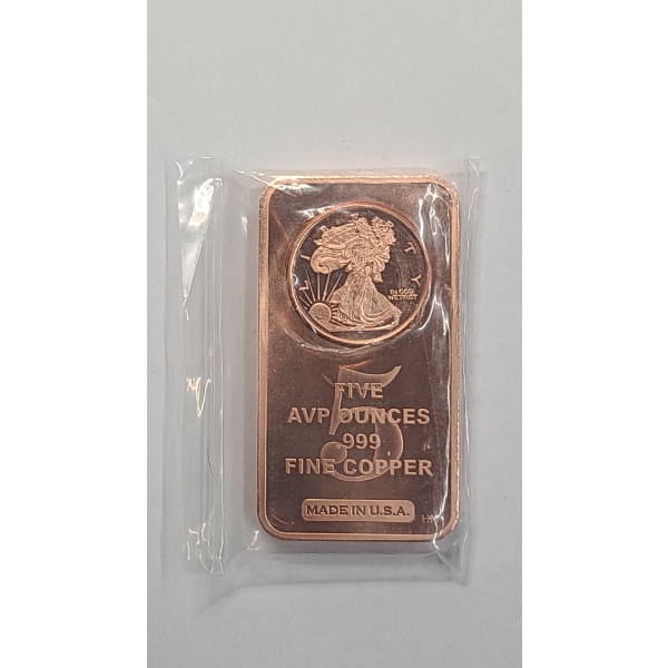 5 ADVP Ounces .999 Fine Copper Bullion Bar With Walking Liberty Motif