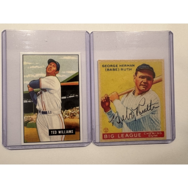 BABE RUTH Goudey & Ted Williams Bowman Throwback Baseball Cards In Protective Holders - Mint 