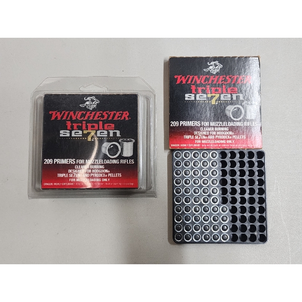 2 Boxes of Winchester Triple Se7en 209 Muzzleloading Primers - One Box Sealed One Opened (154 Total)