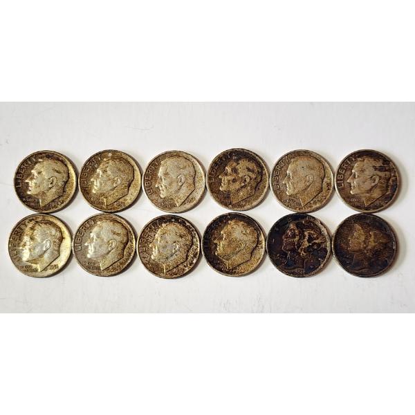 x12 Assorted Years U.S. Roosevelt and Mercury 90% Silver Dimes FV: $1.20
