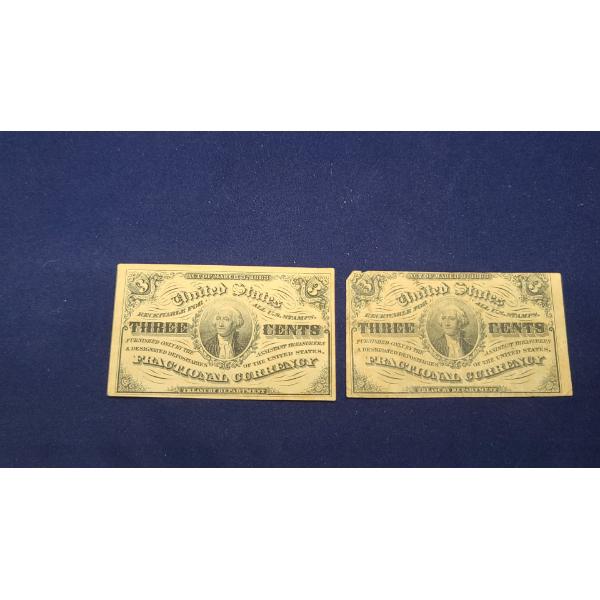 Lot of Two 1863 Third Issue 3 Cents Fractional Currency FR#227 - Both In Great Shape