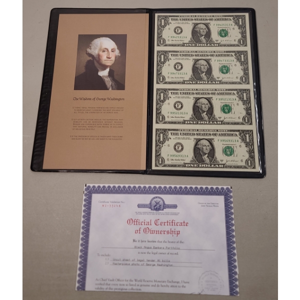 Uncut Sheet Of Legal Tender Sequential $1 Bills In World Reserve Monetary Exchange Bankers Portfolio