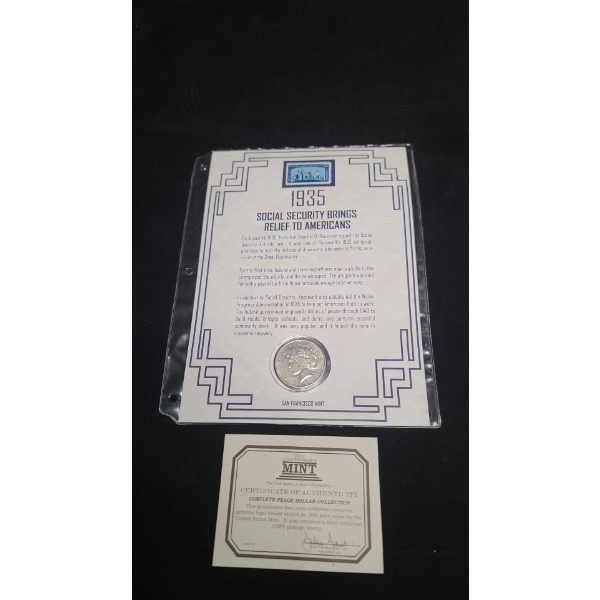 1935-S Silver Peace Dollar in First Commemorative Mint Display With Stamp