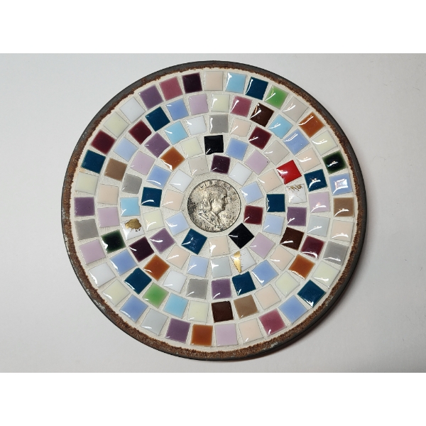 Vintage Mosaic Tile Dish With 1962 Franklin Half Dollar - 90% Silver