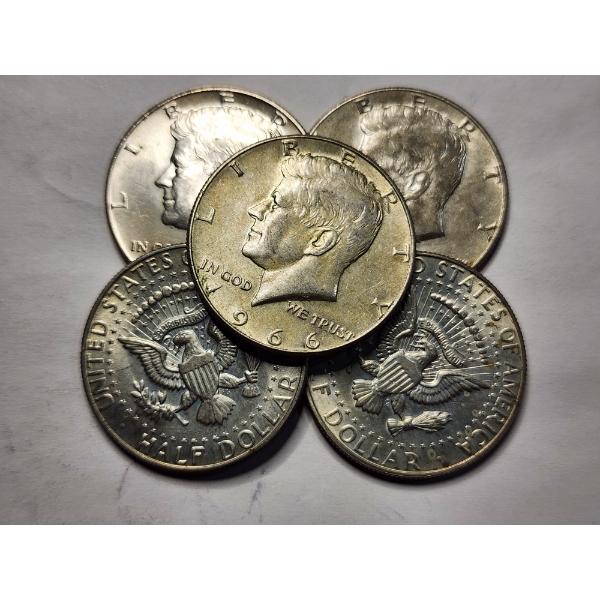 Five 40% Silver Kennedy Half Dollars - $2.50 Face Value