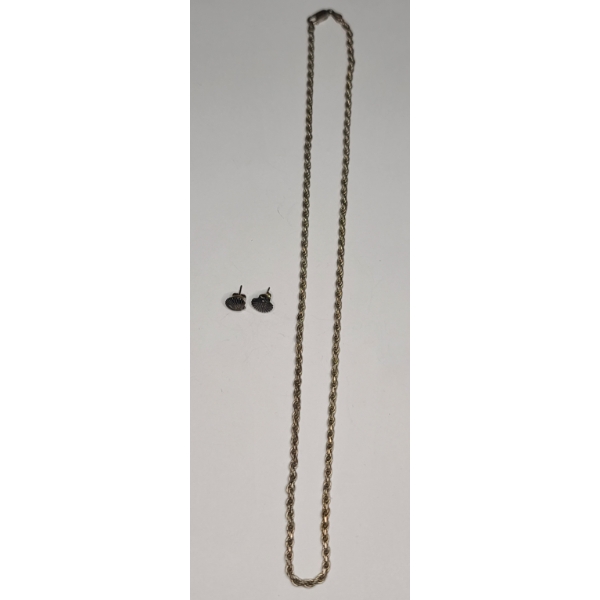 Sterling Silver Shell Stud Earrings & Twisted Rope 20" Necklace - Total Weight: 15.2g