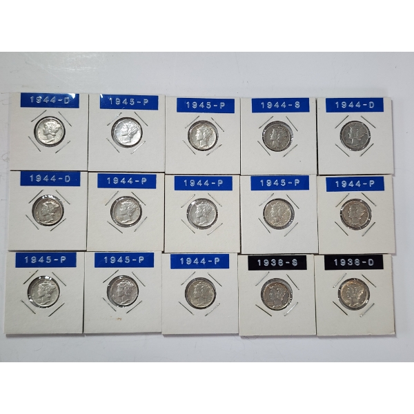 x15 Assorted Years 90% Silver Mercury Dimes FV: $1.50