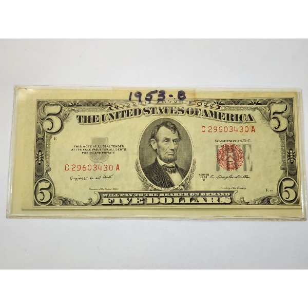 United States Series 1953-B Red Seal $5 Bill - In Protective Holder 