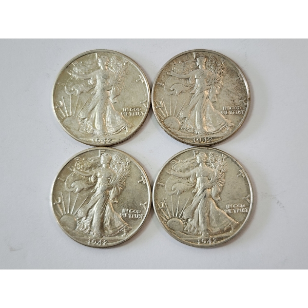 Four Assorted Years 90% Silver Walking Liberty Half Dollars - FV: $2.00