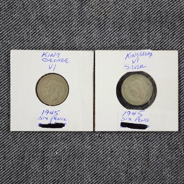 Two 50% Silver 1945 Six Pence Coins ~ ASW 0.0455 oz EACH