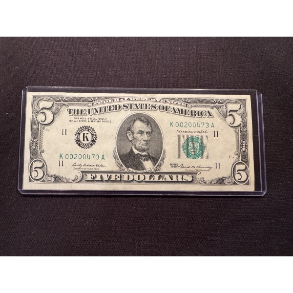 Impressive 1969 United States Lincoln $5.00 Bill In Protective Holder - Incredible Note