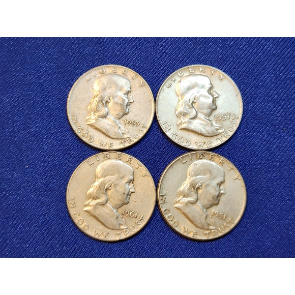 x4 Assorted Years 90% Silver Franklin Half Dollars - Face Value: $2.00