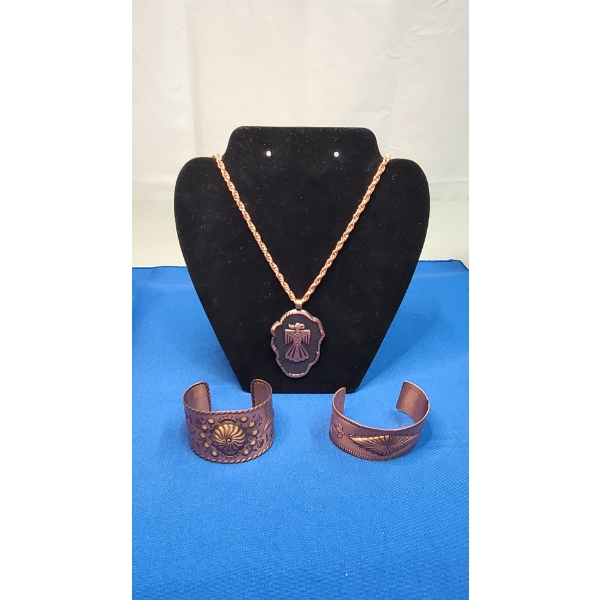 Vintage Bell Trading Solid Copper Stamped Thunderbird Necklace & Native Style Cuff Bracelets