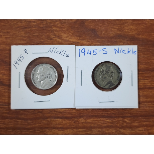 Two United States Silver Wartime Nickels - 1945-P & 1945-S - 35% Silver Coins