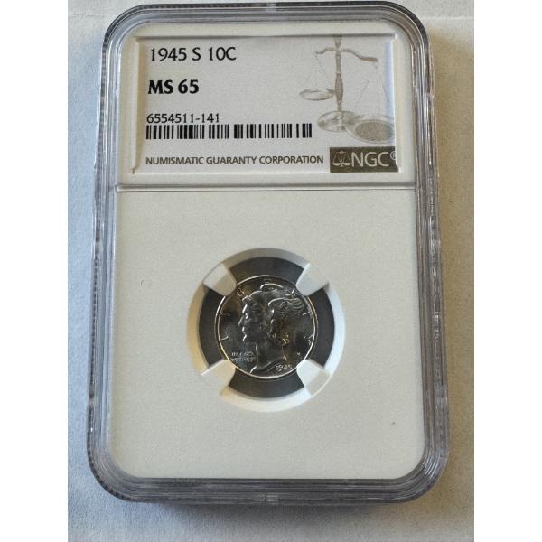 1945 United States Mercury Silver Dime - NGC MS 65 - Beautiful Coin