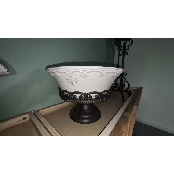 PICKUP IN NORTHFIELD - 2 Pc Metal Base & Glass Milk Glass Bowl As Shown - See Pics