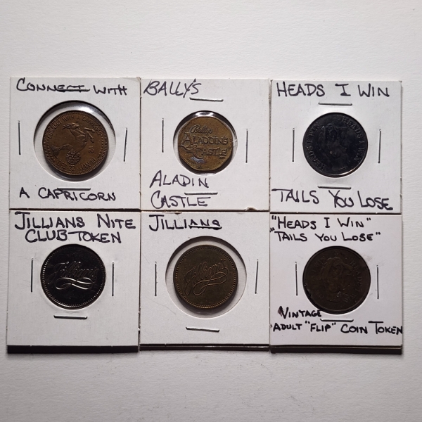 Six Assorted Collectible Tokens Ft. ADULT Flip Coins & Jillian's Night Club Coins
