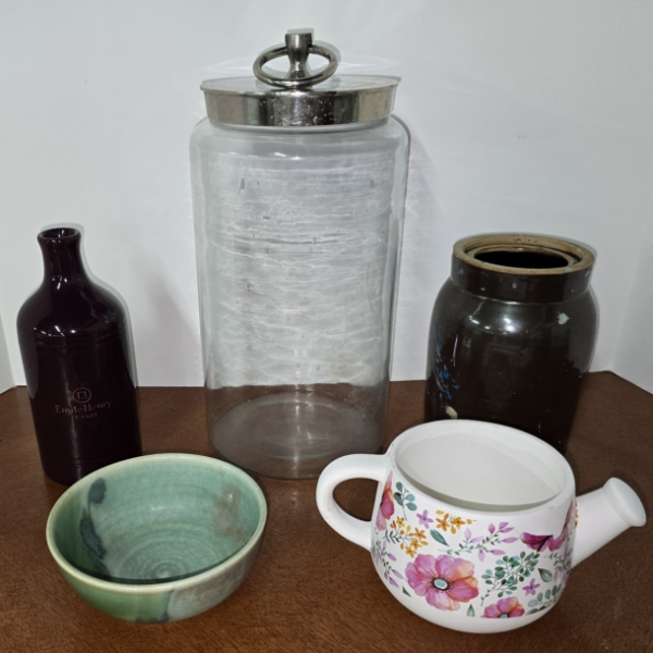 Eclectic Grouping of 5 Glass and Ceramic Containers - Tallest 11.5"