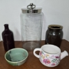 Image 1 : Eclectic Grouping of 5 Glass and Ceramic Containers - Tallest 11.5"