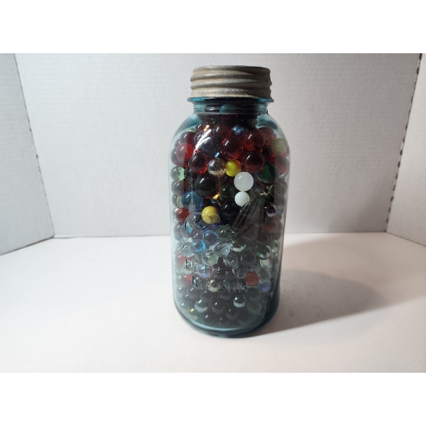 Vintage Large Mason Jar Full of Assorted Marbles Including Some Uranium 