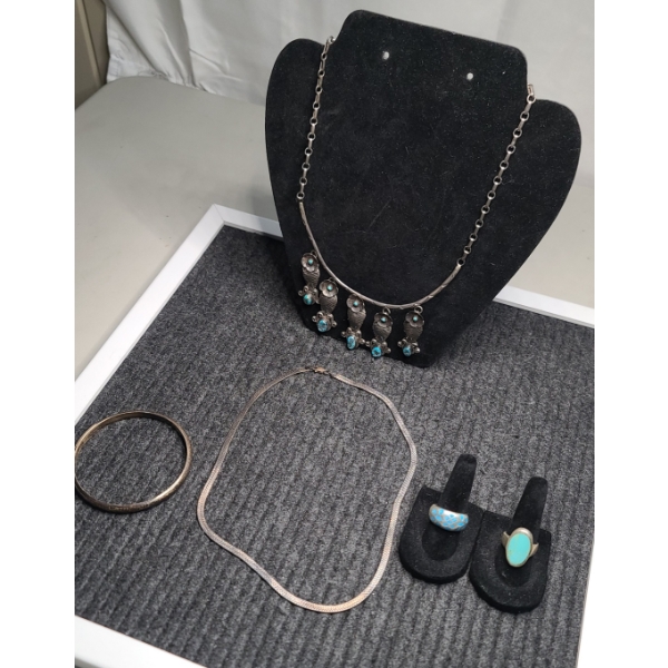 Lot Of Assorted Sterling Jewelry Including (2) Necklaces, Rings & Bangle
