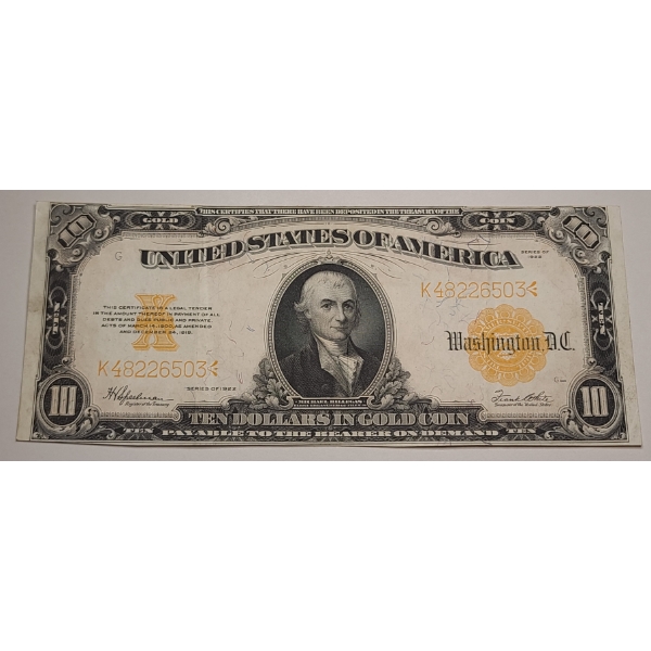 1922 $10 United States Gold Certificate With Speelman And White Signatures - In Great Condition