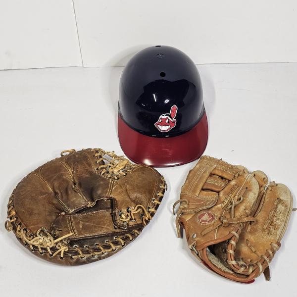 Collection of 3 Vintage Baseball Memorabilia and Gear ft. Chief Wahoo Helmet and Vintage Gloves