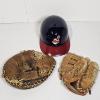 Image 1 : Collection of 3 Vintage Baseball Memorabilia and Gear ft. Chief Wahoo Helmet and Vintage Gloves