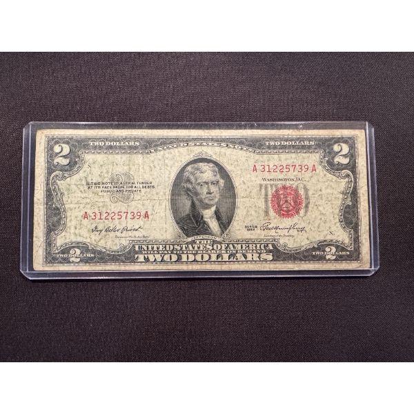 1953 United States Thomas Jefferson $2.00 Bill In Protective Holder - Great Shape