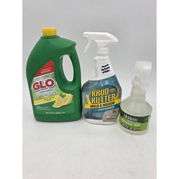 Brand New- 75oz Glo Dishwasher Gel, 32oz Krud Kutter Mold & Mildew Cleaner & 16oz BioKleen Pet Fresh