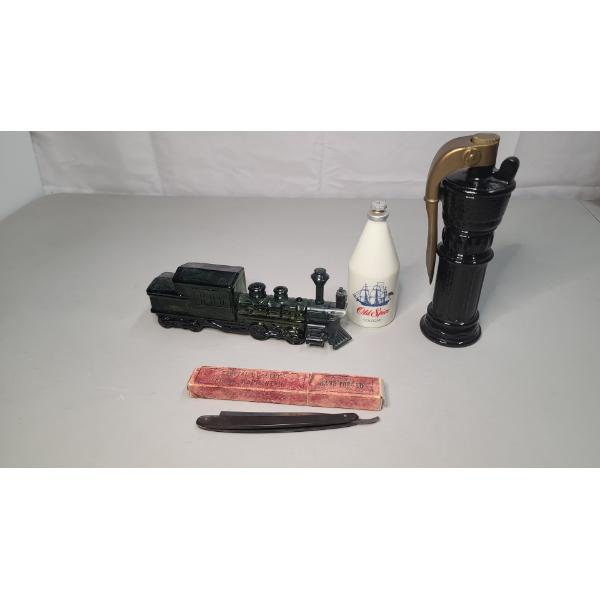 Assorted Vintage Cologne Bottles & Old German Straight Razor