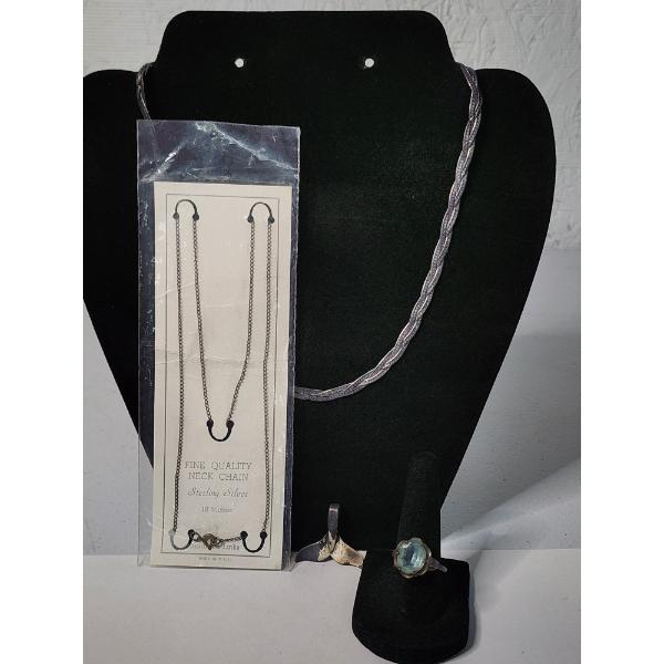 Sterling Silver: Braided 16" Necklace, 18" Chain, Ring with Blue Stone Size 7.5, Whale Tail Pendant