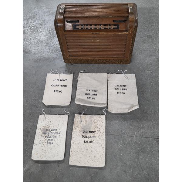 Vintage Philco 1941 Wooden Table Radio And Small U.S. Mint Bags 